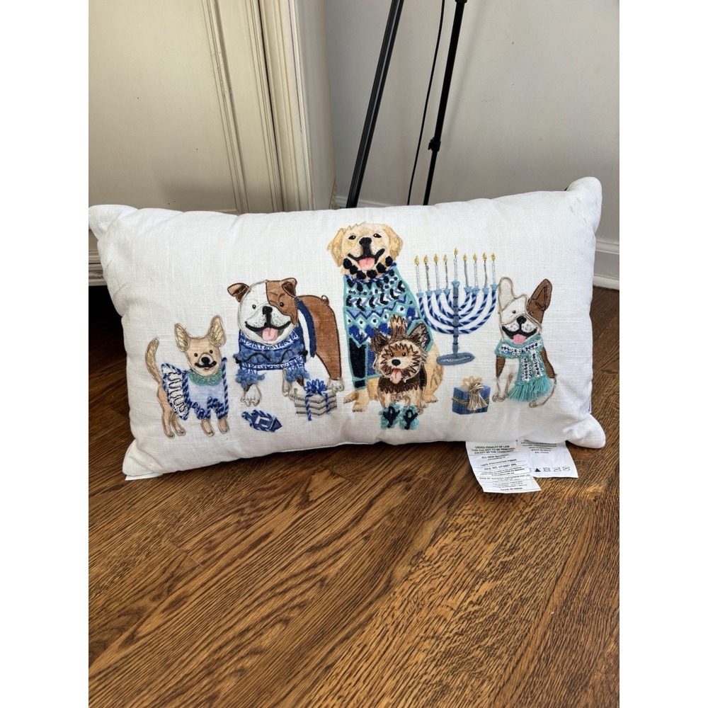 Embroidered Hanukkah Dog Throw Pillow NWOT Cotton READ‎